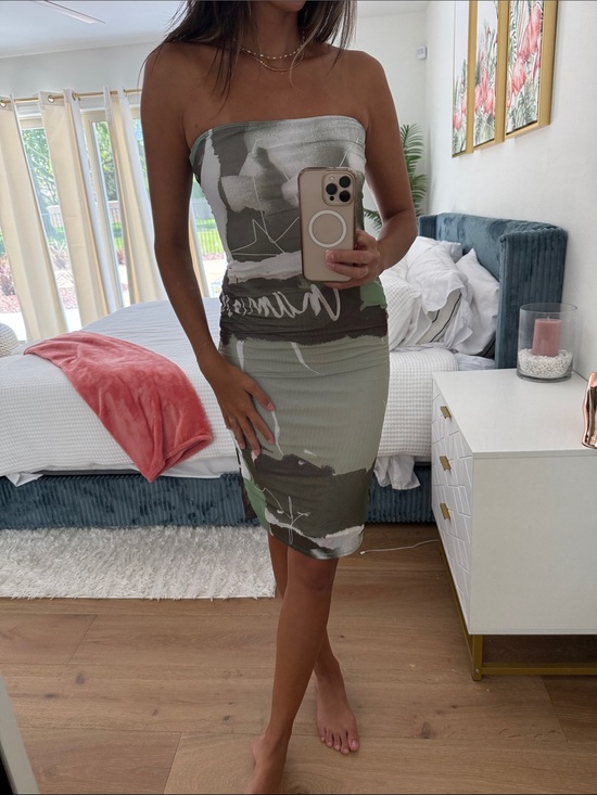iNAMORATA Dresses & Skirts - iNAMORATA Strapless Abstract Print Bodycon Dress in Olive, Cream & Brown